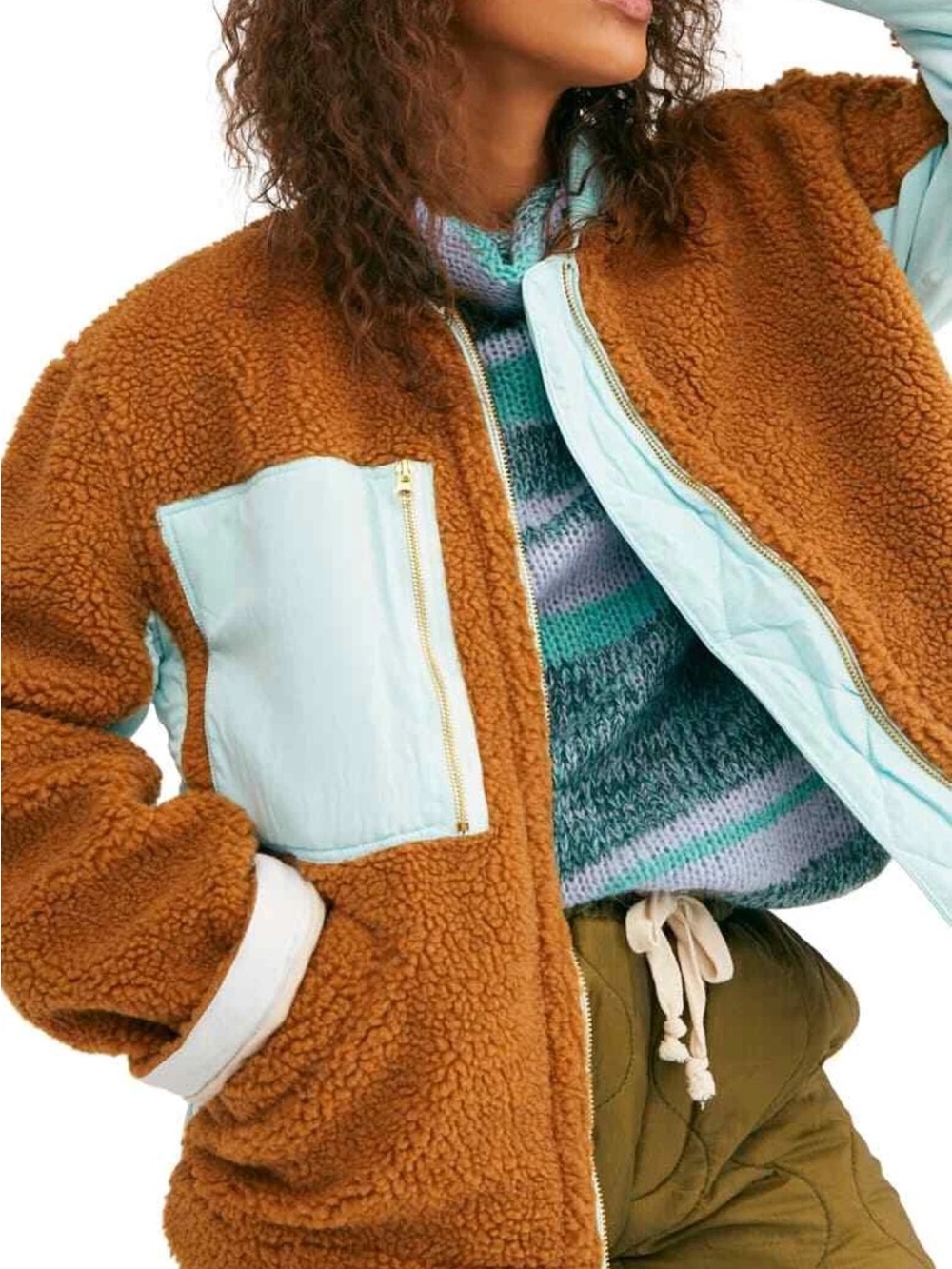 Free People Rivington Jacket amber combo Green Ivory Size S $168 NWT